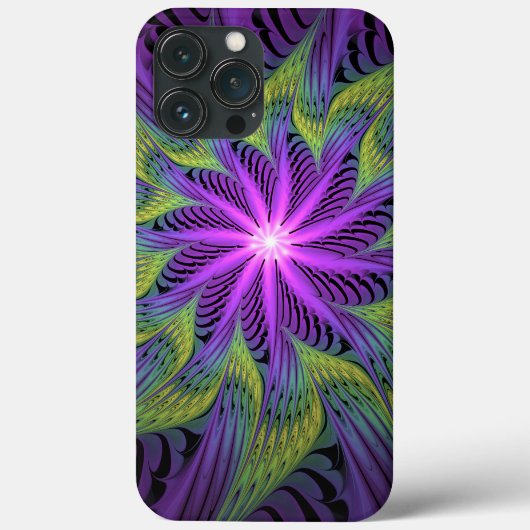 Coques Case-Mate iPhone Fleur verte violette Art fractal abstrait moderne (Verso)