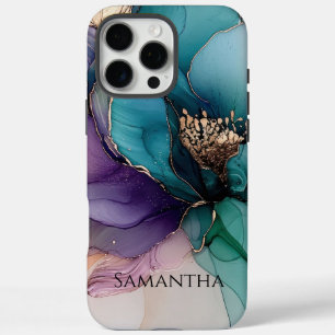 Coques iPhone 16 Pro Max Fleur violet Turquoise Or