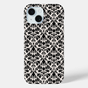 Coque Pour iPhone 15 Fleurir Damas Grand Motif Noir sur Crème