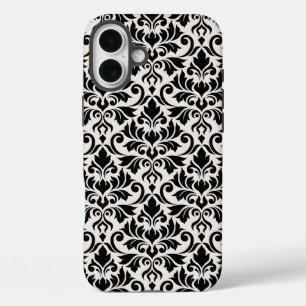 Coques iPhone 16 Plus Fleurir Damassé Grand Motif Noir sur Crème