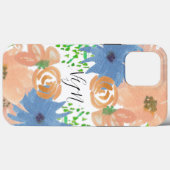 Coques Case-Mate iPhone Fleurs à l'aquarelle Monogramme Bleu Pêche (Verso (horizontal))