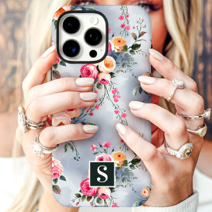 Coques iPhone 16 Pro Max Fleurs à monogramme rose et pêche