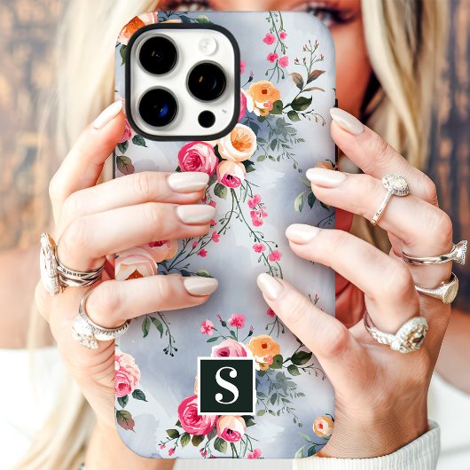 Coques Case-Mate iPhone Fleurs à monogramme rose et pêche