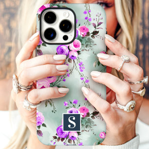 Coques iPhone 16 Pro Max Fleurs à monogramme rose et violet