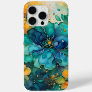Coque iPhone 15 Pro Max Fleurs abstraites turquoise or orange vert bleu