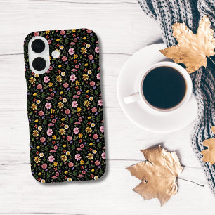 Coques iPhone 16 Fleurs aquarelles tendance noir rose jaune vert
