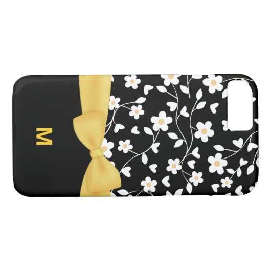 Coques Case-Mate iPhone Fleurs blanches et jaunes noires Monogrammes (Dos (Horizontal))