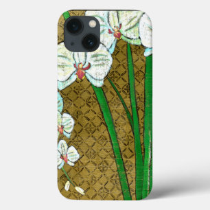 iPhone 13 Case Fleurs blanches et tiges vertes à la frontière