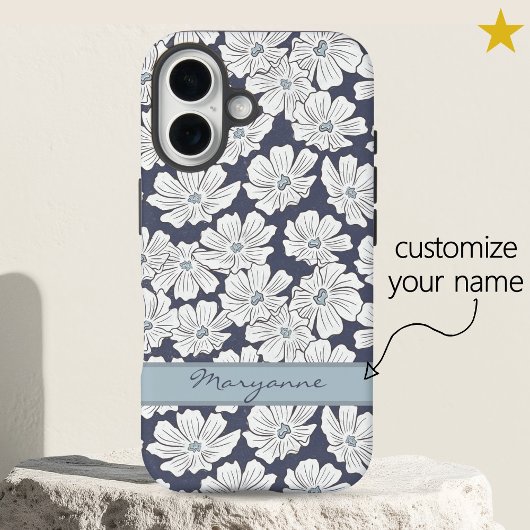 Coques Case-Mate iPhone Fleurs blanches rustiques croquis teinte bleue nom