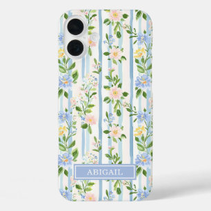 Coques iPhone 16 Plus Fleurs bleues aquarelle rayées personnalisées avec