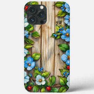 Case-Mate iPhone Case Fleurs Bleues & Coccinelles Conception Bois Rustiq