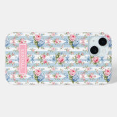 Coques Case-Mate iPhone Fleurs bleues et roses et rubans rayés (Verso (horizontal))