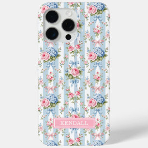 Coque iPhone 15 Pro Max Fleurs bleues et roses et rubans rayés