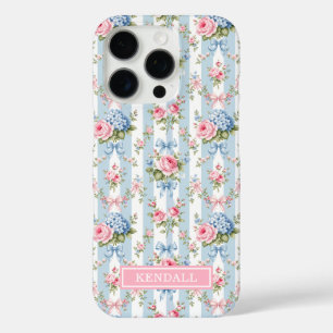 Coques iPhone 16 Pro Fleurs bleues et roses et rubans rayés