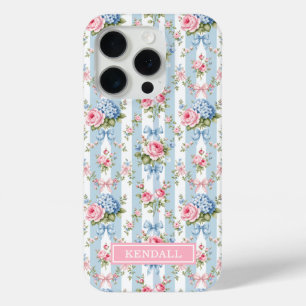 Coque iPhone 15 Pro Fleurs bleues et roses et rubans rayés