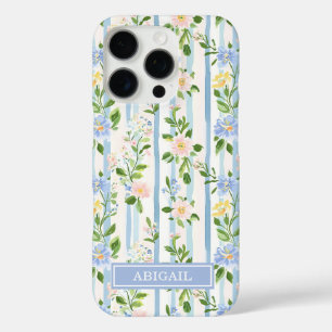 Coques iPhone 16 Pro Fleurs bleues rosées aquarelle rayées Personnalisé