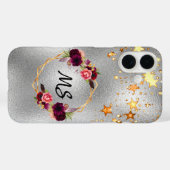 Coques Case-Mate iPhone Fleurs bordeaux argentées or étoiles monogramme (Verso (horizontal))