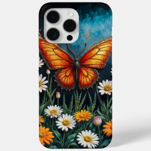 Coque iPhone 15 Pro Max Fleurs chamomiles de papillon d'insecte orange vif