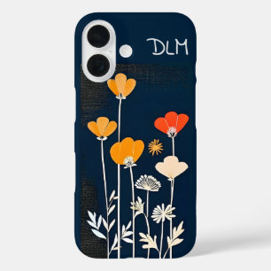 Coques iPhone 16 Fleurs colorées et minimalistes sur bleu foncé
