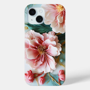 Coque Pour iPhone 15 Fleurs colorées vert ping sur marbre