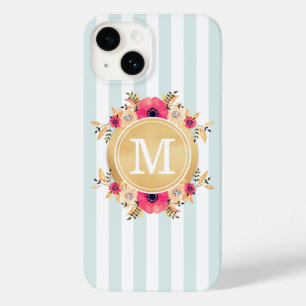 Coque Pour iPhone 14 Fleurs d'aquarelle à la menthe Faux or Monogramme