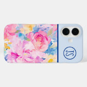 Coques Case-Mate iPhone Fleurs d'aquarelle rose et bleu Monogramme (Verso (horizontal))