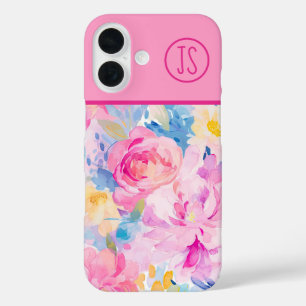 Coques iPhone 16 Fleurs d'aquarelle rose et bleu Monogramme