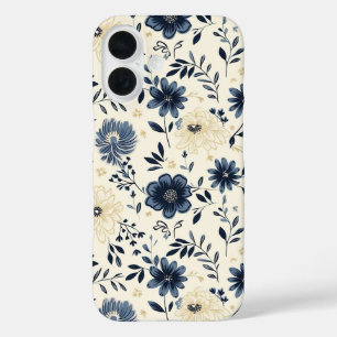 Coques iPhone 16 Fleurs d'art populaire vintage bleu marine beige