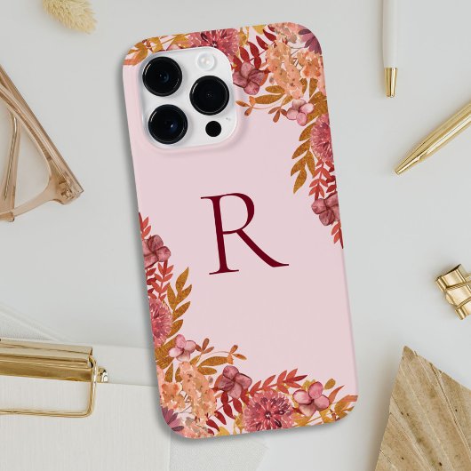Coques Case-Mate iPhone Fleurs d'automne en or et bordeaux monogrammées