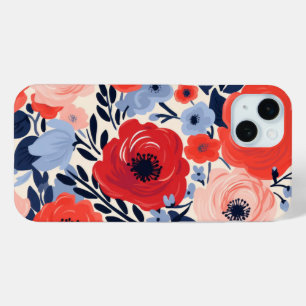 Coque iPhone 15 Mini Fleurs de aquarelle rouge blanc bleu moderne color