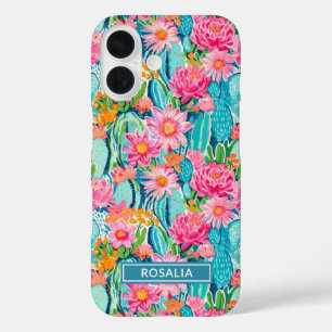 Coques iPhone 16 Fleurs de cactus colorées personnalisées modernes