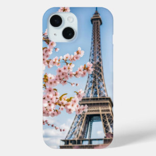Coque Pour iPhone 15 Fleurs de cerisier et serviette Eiffel