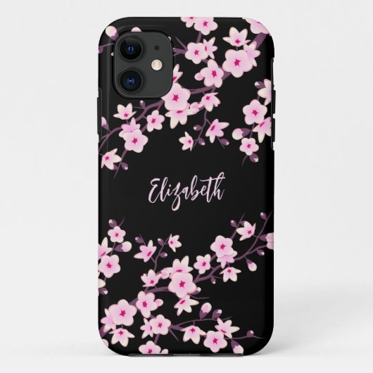 Coques Case-Mate iPhone Fleurs de cerisier rose noir Monogramme (Dos)