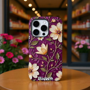 Coques iPhone 16 Pro Fleurs de crème sur violet texturé