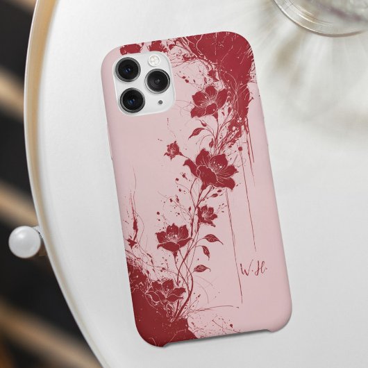 Coques Case-Mate iPhone Fleurs de Grunge Abstraites Monogramme rose rouge