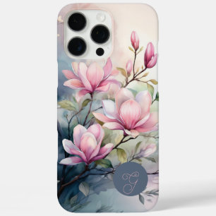 Coques iPhone 16 Pro Max Fleurs de magnolia rose botanique monogrammé