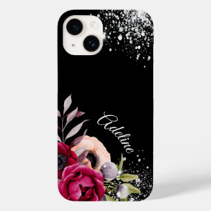 Coque Pour iPhone 14 Fleurs de parties scintillant en argent noir nom b