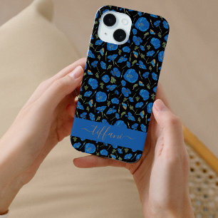 Coque Pour iPhone 15 Fleurs de pavot bleues motif botanique noir