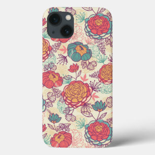 iPhone 13 Case Fleurs de pivoine et motif feuille