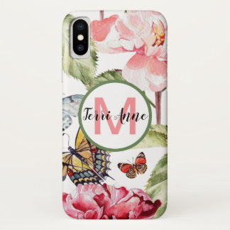 Case-Mate iPhone Case Fleurs de pivoine grasses et papillons avec monogr