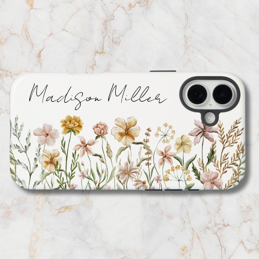 Coques Case-Mate iPhone Fleurs de prairie sauvage à aquarelle monogrammée