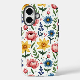 Coques iPhone 16 Fleurs de printemps bleu rose et jaune
