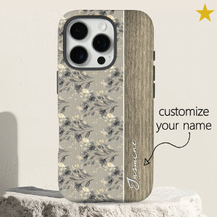 Coques iPhone 16 Pro Fleurs de printemps grises vintage Bois Nom person