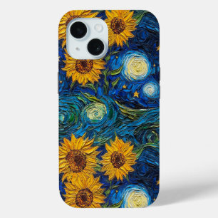 Coque Pour iPhone 15 Fleurs de soleil Van Gogh et nuit étoilée