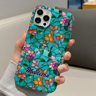 Coques iPhone 16 Fleurs de verre teinté turquoise violet lumineux