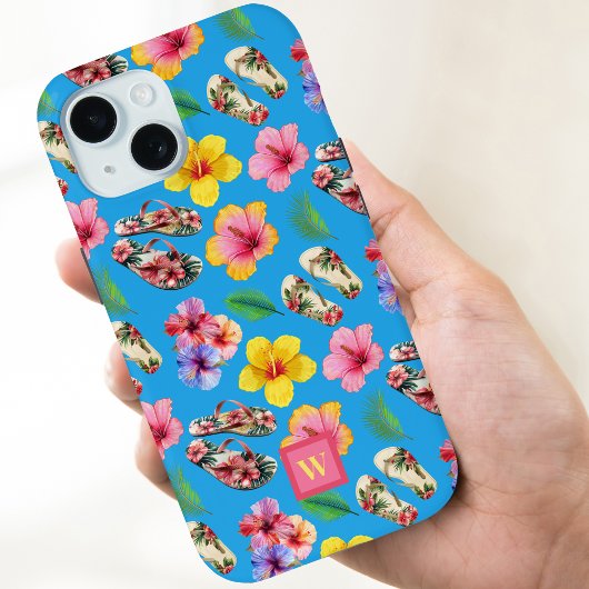 Coques Case-Mate iPhone Fleurs d'Hibiscus Flip Flops Monogramme rose sur b