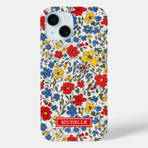Coque Pour iPhone 15 Fleurs Ditsy Bleu Rouge et Jaune Monogrammées