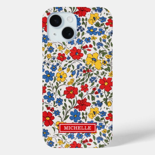 Coques Case-Mate iPhone Fleurs Ditsy Bleu Rouge et Jaune Monogrammées (Verso)