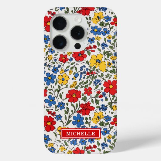 Coques Case-Mate iPhone Fleurs Ditsy Bleu Rouge et Jaune Monogrammées (Verso)