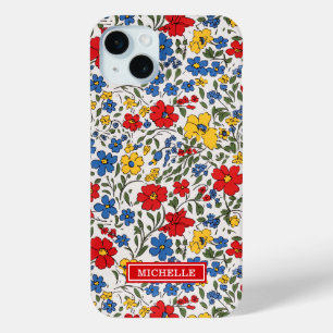 Coque iPhone 15 Mini Fleurs Ditsy Bleu Rouge et Jaune Monogrammées